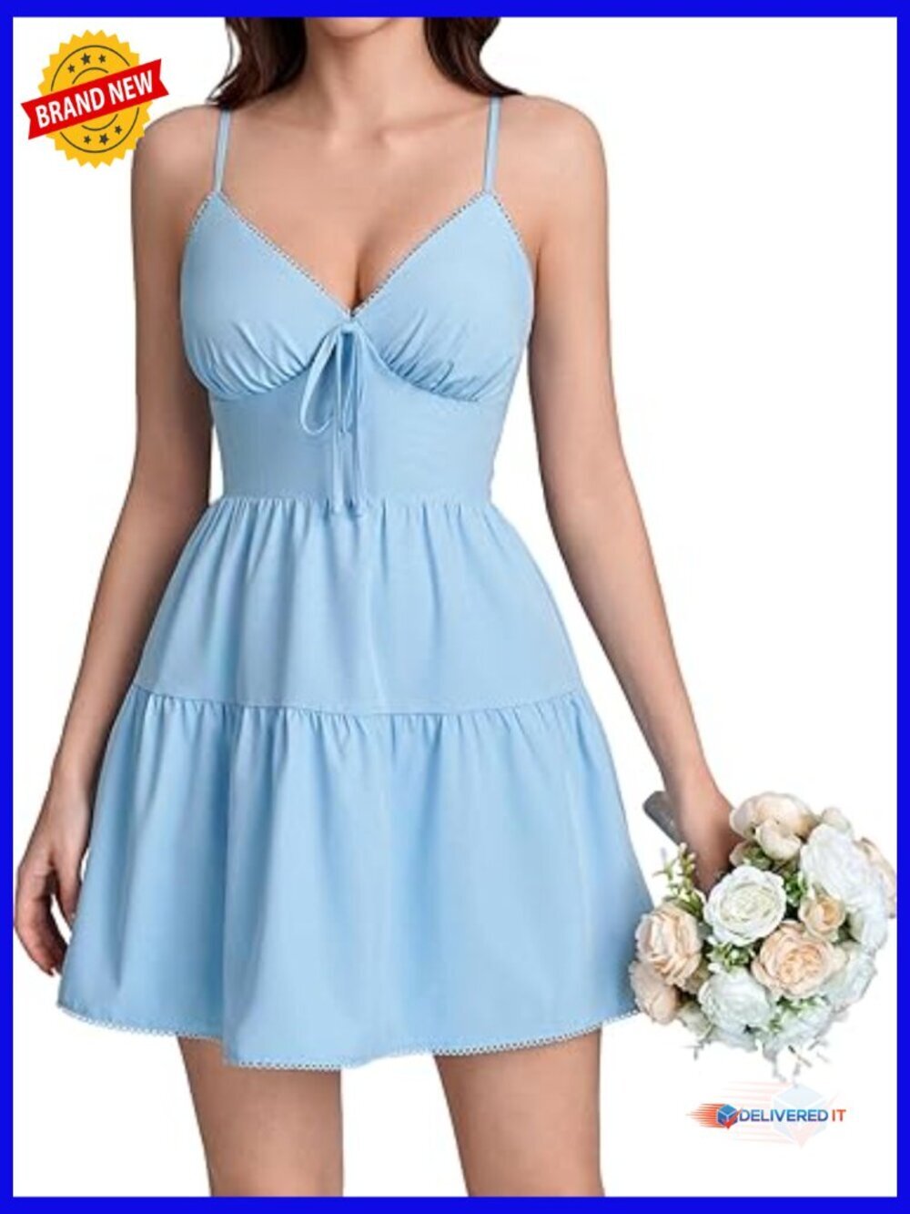 Women's V-Neck Lace Mini Dress Spaghetti Strap Flowy Summer Casual Sundress